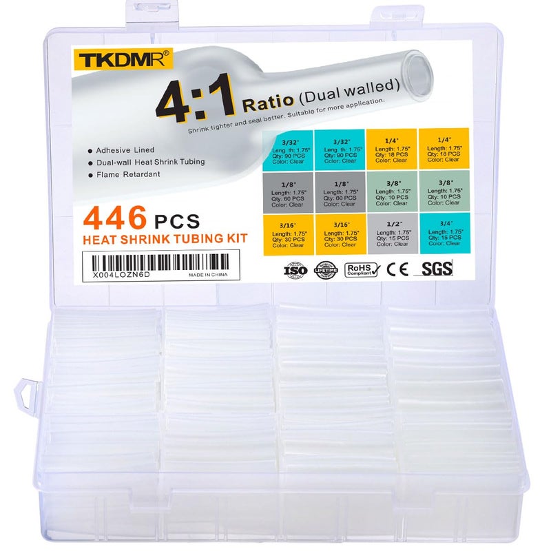 TKDMR 446 Pcs Heat Shrink Tubing Kit - 4:1 Ratio Adhesive Lined, Marine Grade Shrink Wrap,Industrial Heat Shrink Tubing,Clear - Image 1
